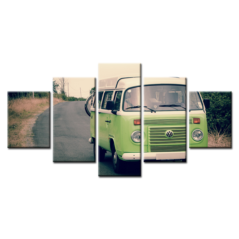 Charming Green Vintage Bus Canvas Art Set - 5 Panels