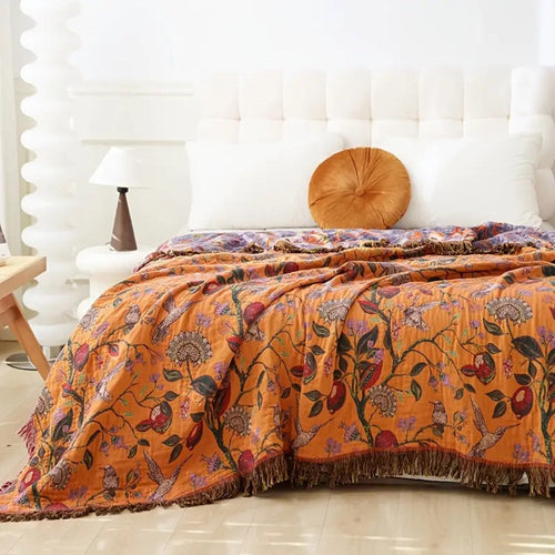 Elegant Floral Cotton Throw Blanket with Tassels