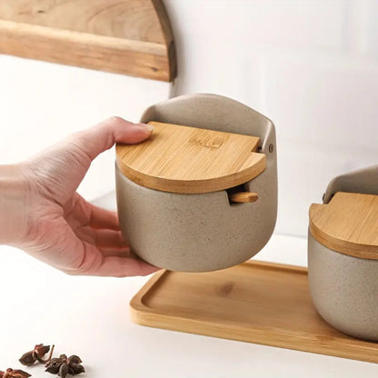 Elegant Bamboo and Ceramic Spice Storage Duo
