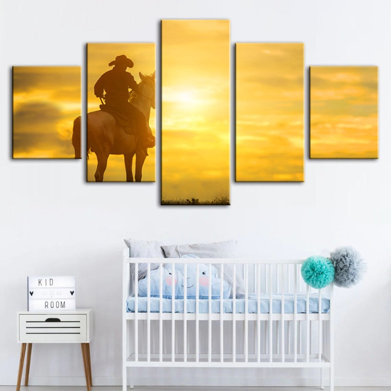 5-Piece Canvas Art Set: Cowboy and Horse at Sunset