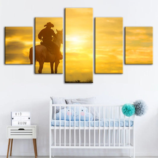 5-Piece Canvas Art Set: Cowboy and Horse at Sunset
