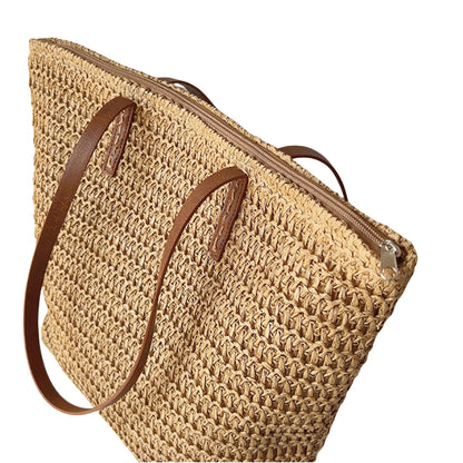 Women's Leather-Handled Wicker Tote Bag