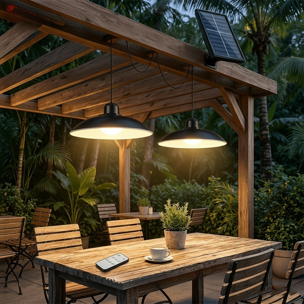 Solar Pendant Light with Dual Heads for Outdoor Use