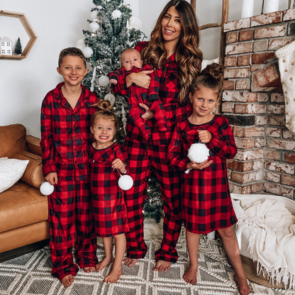 Red Checkered Family Matching Christmas Pajamas with Stand-Up Collar