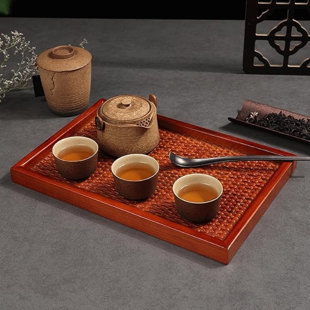 Sophisticated Rattan-Style Wooden Serving Tray