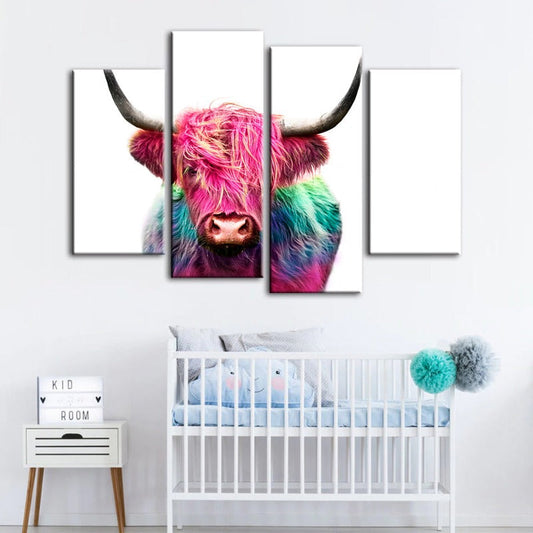 Charming Pink Cow Canvas Art Set - 4 Pieces for Vibrant Decor