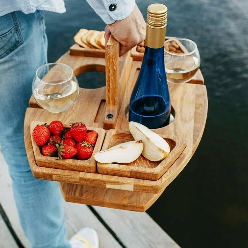 Compact Wooden Picnic Table for Wine and Snacks | Travel-Friendly