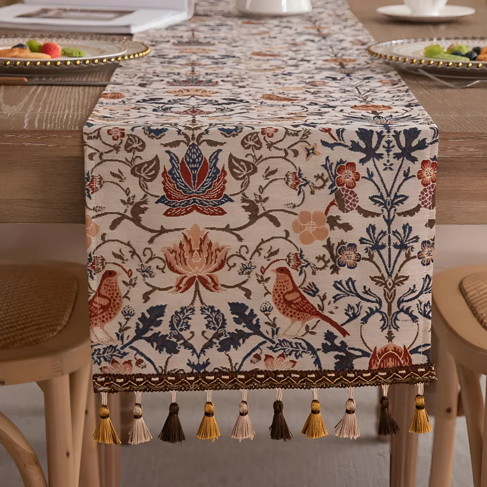 Vintage Floral and Bird Design Jacquard Table Runner