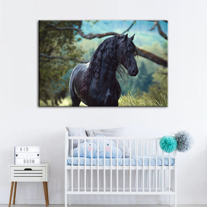 Canvas Artwork of a Black Horse in the Forest