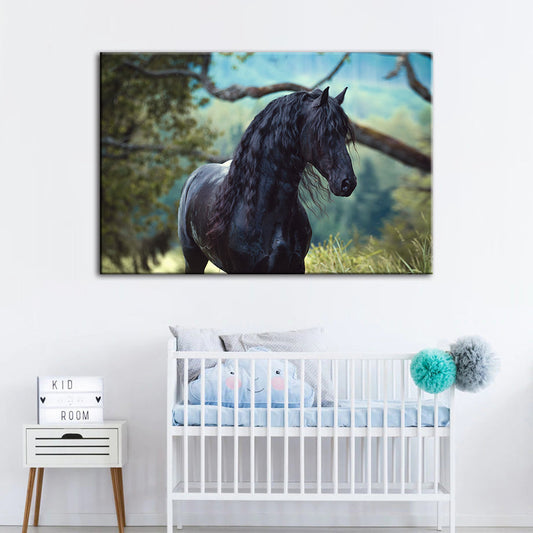 Canvas Artwork of a Black Horse in the Forest