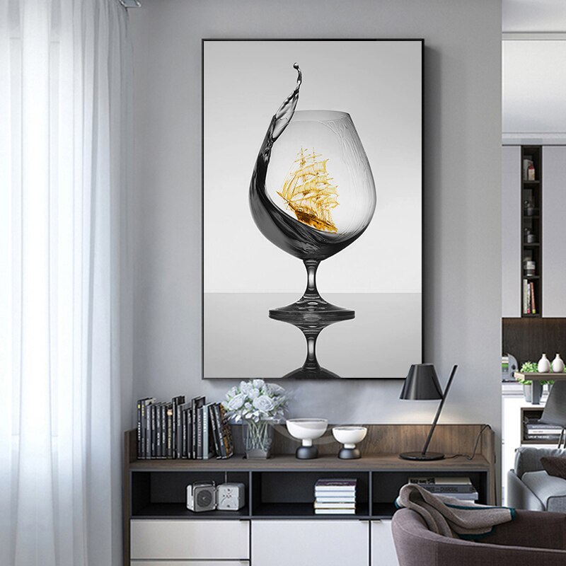 Boat Wall Art Canvas Painting with Black Wine Glass Design