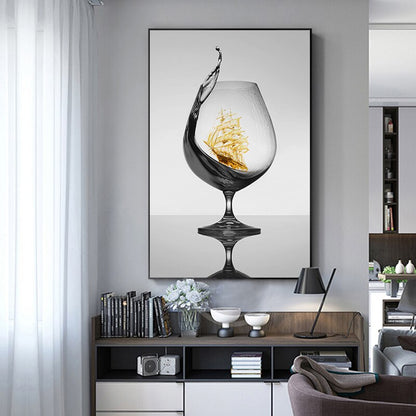 Boat Wall Art Canvas Painting with Black Wine Glass Design