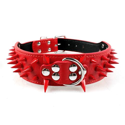 Leather Dog Collars with Wide Sharp Spikes and Studded Design