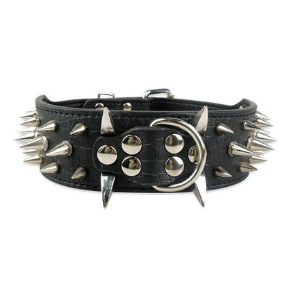 Leather Dog Collars with Wide Sharp Spikes and Studded Design