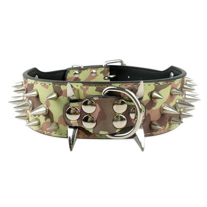 Leather Dog Collars with Wide Sharp Spikes and Studded Design