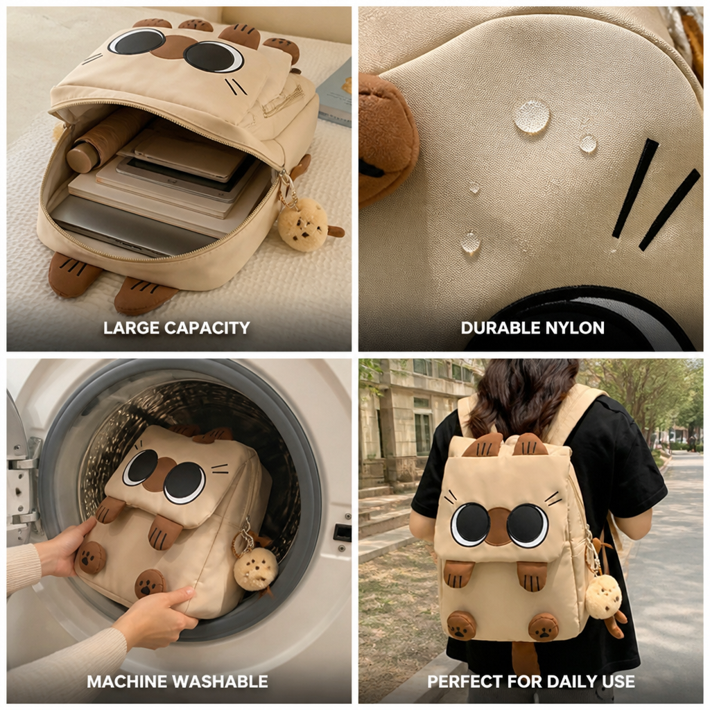 Spacious Cat-Themed Nylon Backpack – Easy to Clean & Stylish