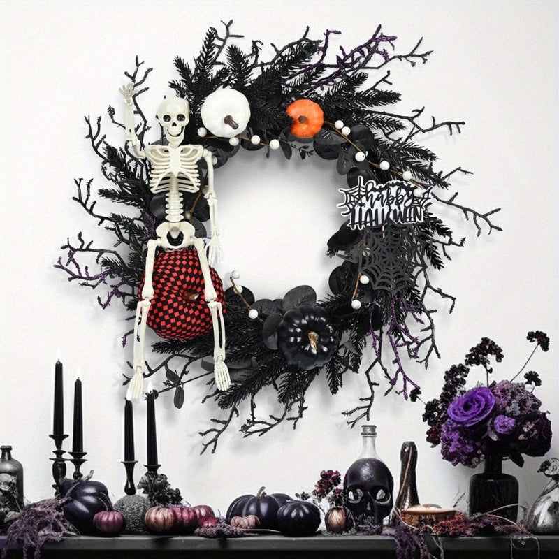 Halloween Wreath with Skeleton and Pumpkin – Festive Door Decor