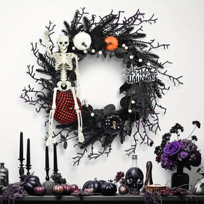 Halloween Wreath with Skeleton and Pumpkin – Festive Door Decor