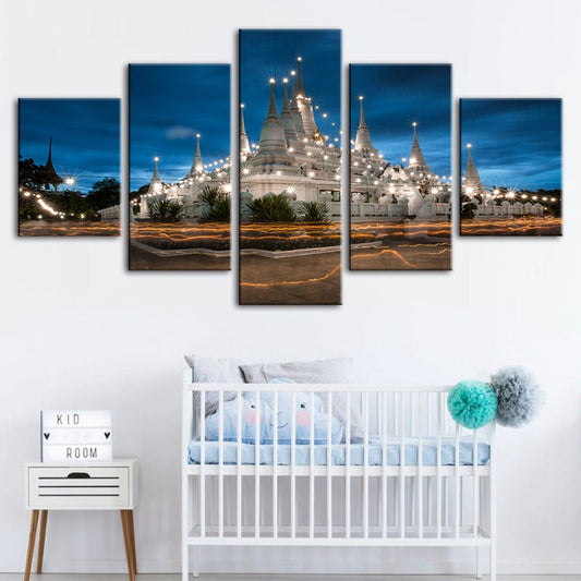 5-Piece Serene Temple Night Canvas Artwork for Home Decor