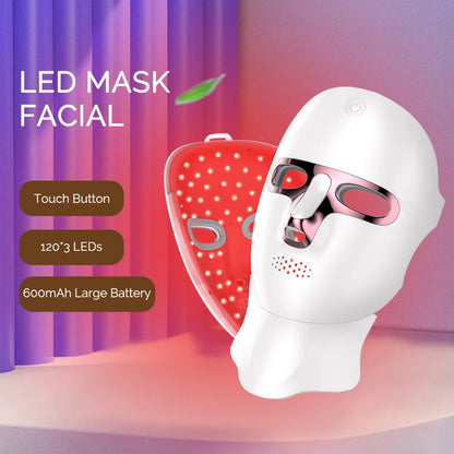 Wireless LED Facial Mask with Neck Light Therapy – 7 Colors, 120 LEDs for Acne and Wrinkle Treatment