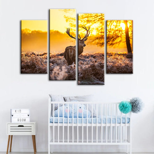 Serene Dawn Deer Canvas Art - 4 Piece Set for Home Decor