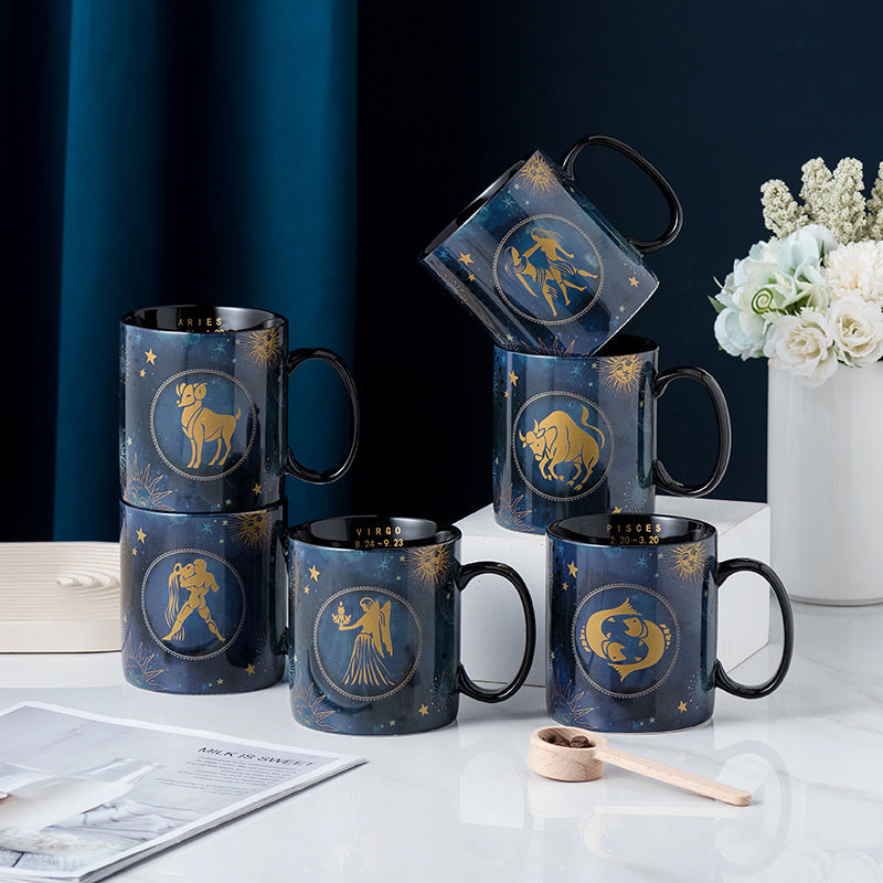 Cobalt Blue Ceramic Coffee Mug with 12 Zodiac Signs