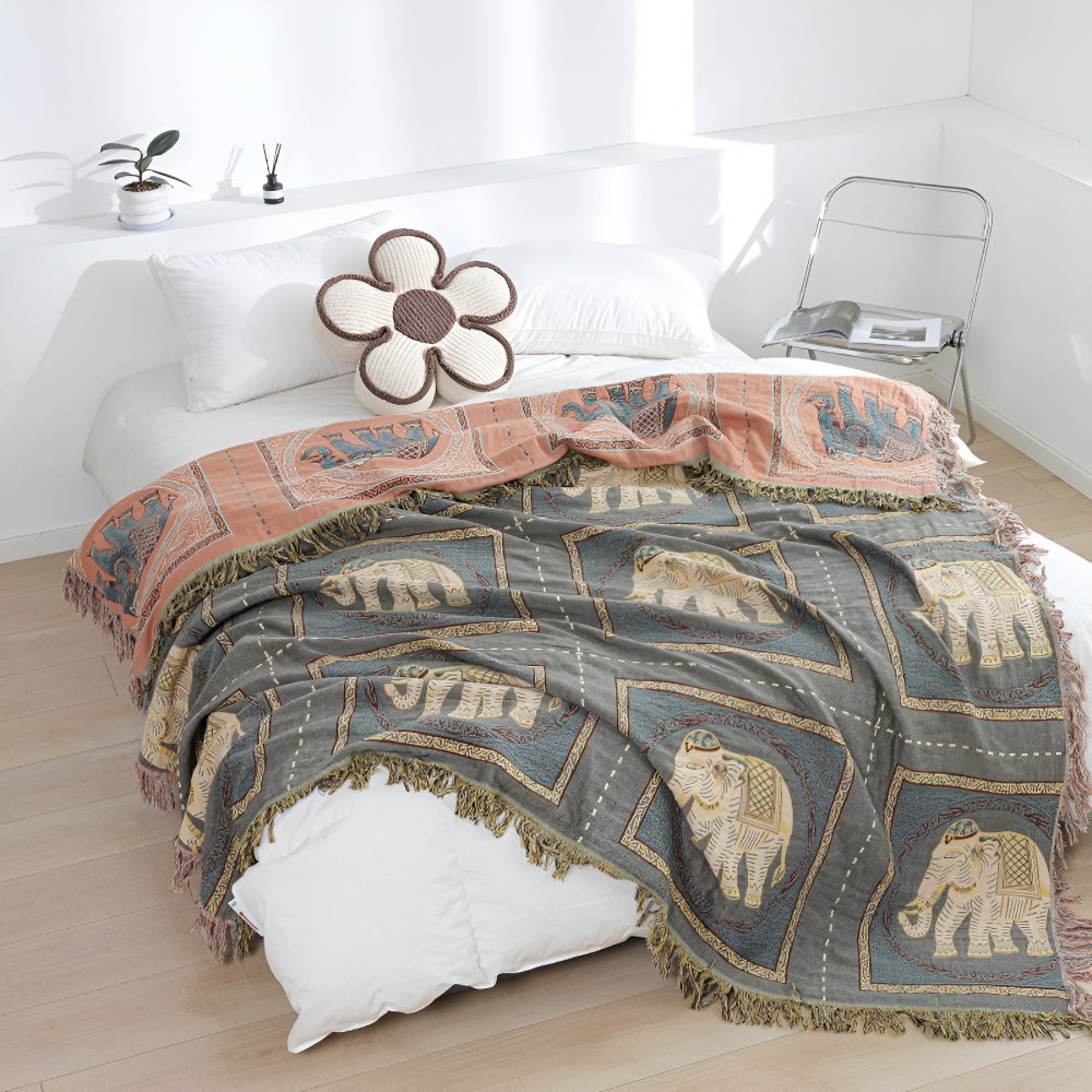 Charming Cotton Throw with Elephant Design and Tassels