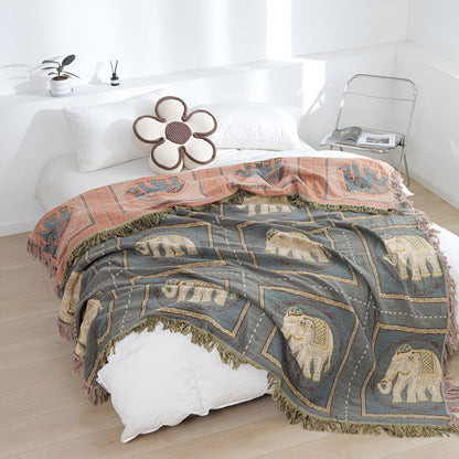 Charming Cotton Throw with Elephant Design and Tassels