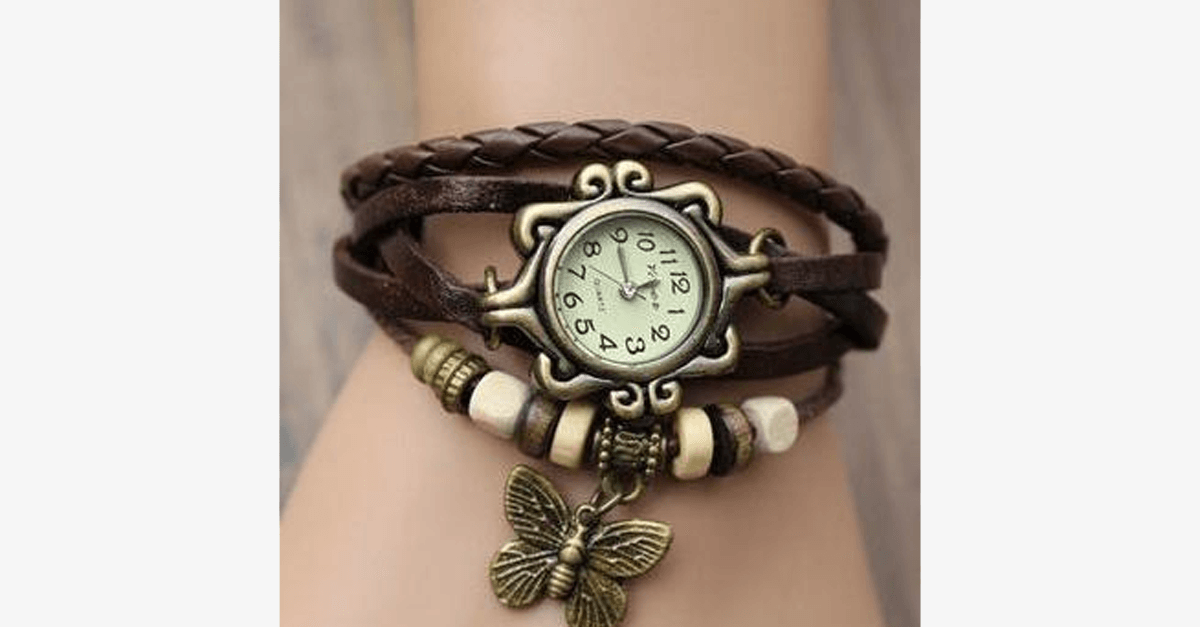Multicolored Genuine Leather Butterfly Wrap Watch with Snap Closure