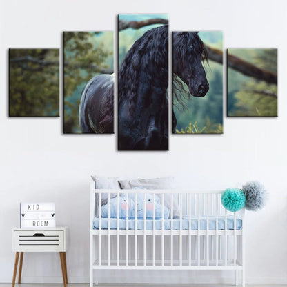 Majestic Horse in Forest - 5 Panel Canvas Art for Home Decor
