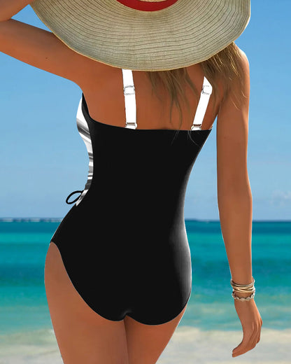 One-Piece Swimsuit with Lace-Up Details and Contrasting Color Accents