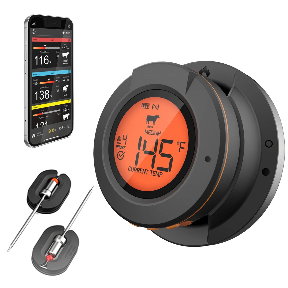 Bluetooth Meat Thermometer with Wireless Connectivity - 2/4 Probes for BBQ and Oven