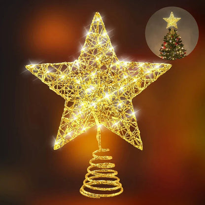 Christmas Star Tree Topper | Battery Operated LED Lights | Warm White | Metal Wire Frame
