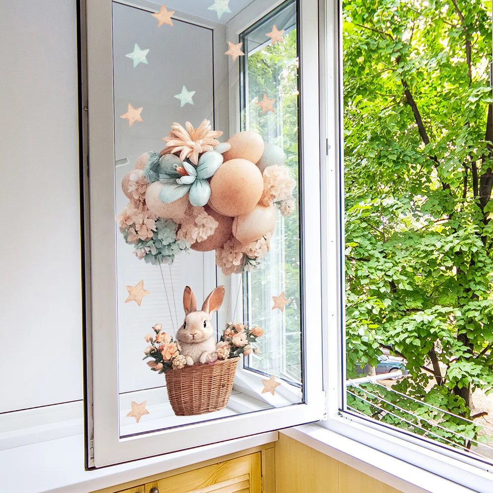 Hot Air Balloon Window Sticker | Cartoon Rabbit | Static Cling Glass & Door Decor