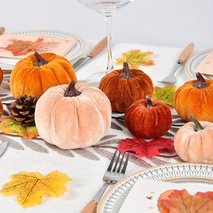 Autumn Pumpkin Decoration Set – 12 Velvet Finish Artificial Pumpkins