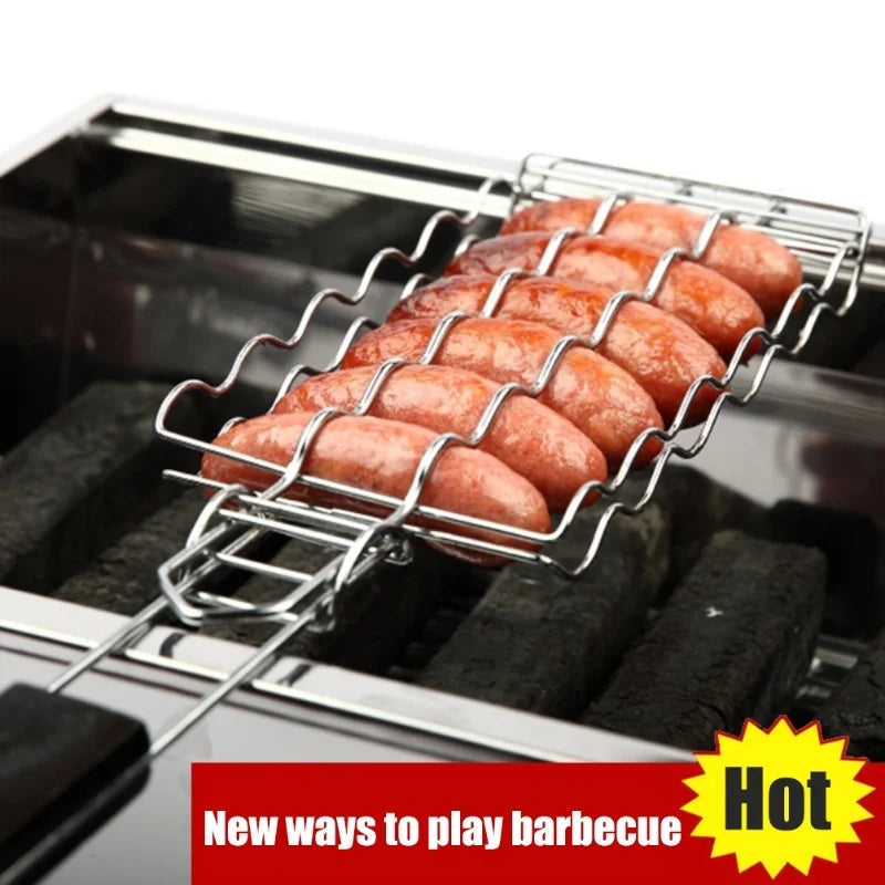 Stainless Steel BBQ Basket for 6 Hot Dogs with Wooden Handle | 55.5 cm Grill Accessory