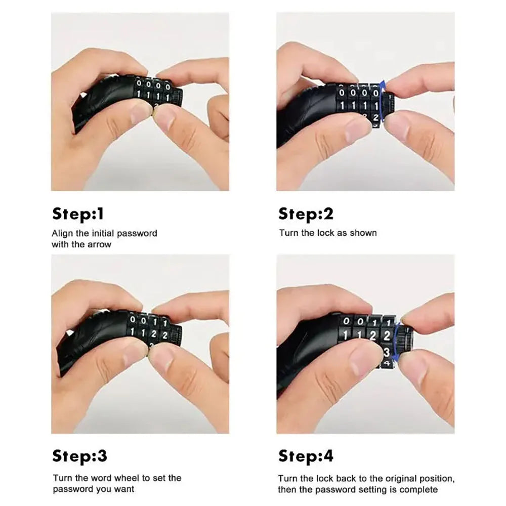 4-Piece Bicycle Cable Lock Set | 4-Digit Combination | Stainless Steel | 10.5–21 cm
