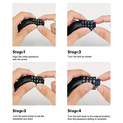 4-Piece Bicycle Cable Lock Set | 4-Digit Combination | Stainless Steel | 10.5–21 cm