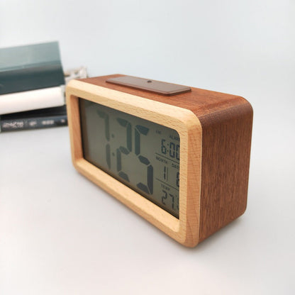 Alarm Clock with Wooden Design – Calendar and Temperature Indicator