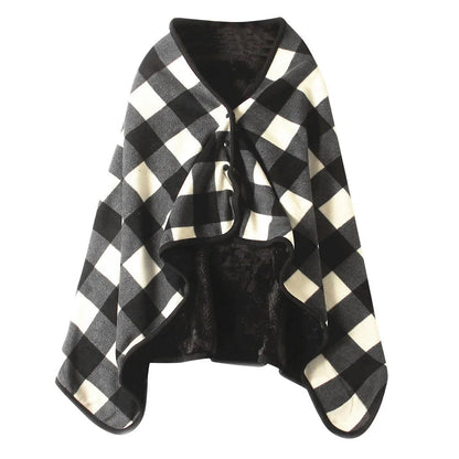 Portable Fleece Blanket Poncho & Scarf Set | Soft, Warm, Stylish Checkered Design