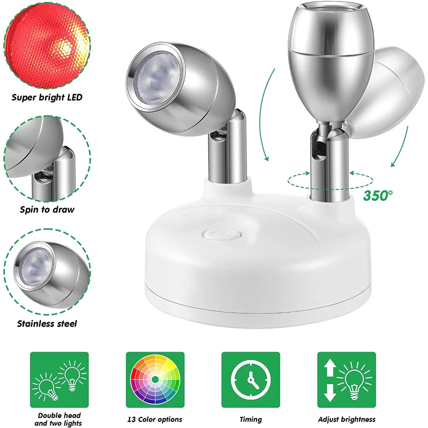 Wireless LED Spotlight Set of 2 with Remote Control – RGB Color Change & Timer, Adjustable for Photos, Cabinets & Walls