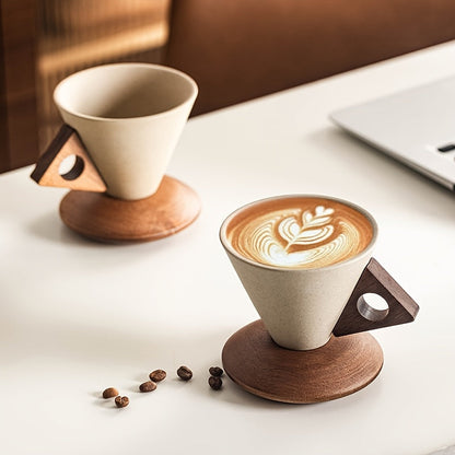 Handcrafted Ceramic Coffee Mug with Wooden Handle and Saucer - 250ml