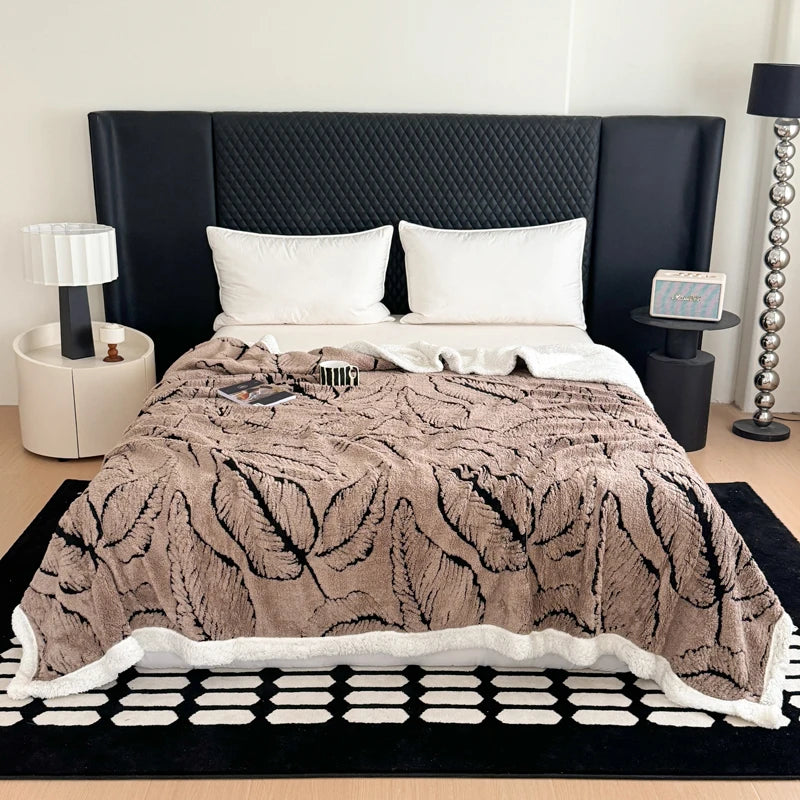 Cozy Lamb Fleece Blanket | Soft Velvet Throw with Gold Embossed Design | Stylish for Bed and Sofa
