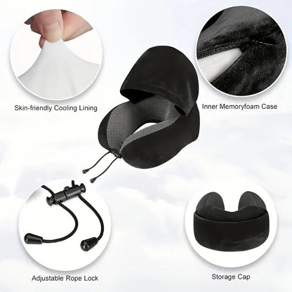 Memory Foam U-Shaped Neck Pillow with Hood | Removable Cover | 25x23x15 cm