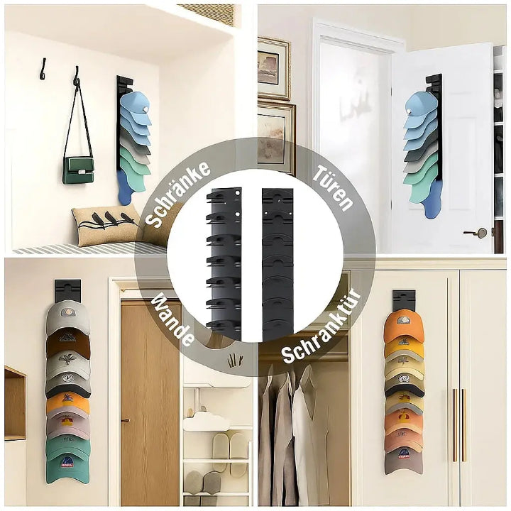 Stylish Cap Display Rack for Up to 10 Hats | No-Drill Adhesive Holder | Space-Saving Design | Sleek Black Finish