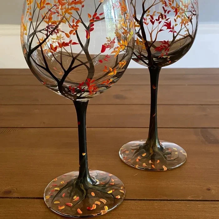 Hand-Painted Art Wine Glasses - Tree of the Four Seasons