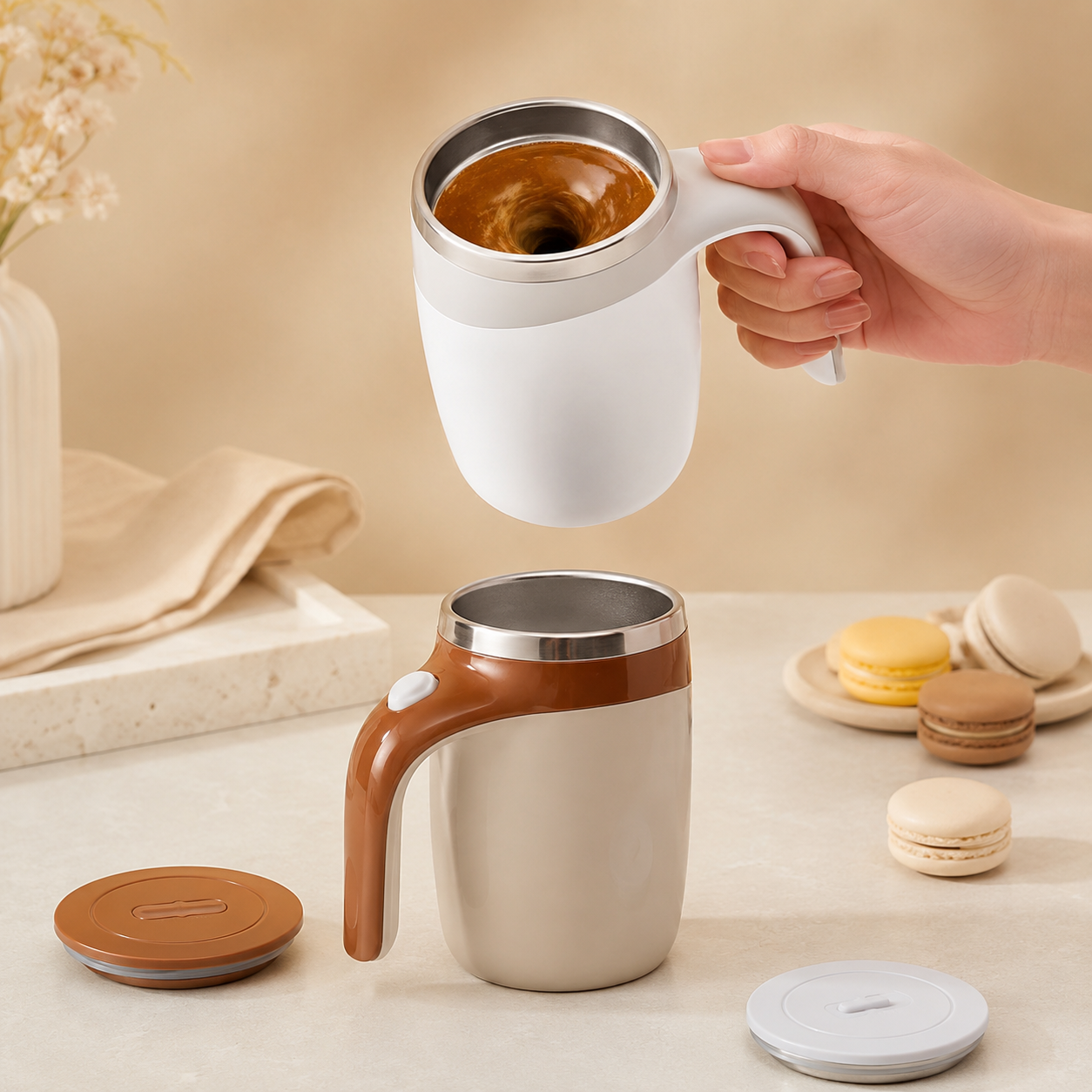 Self-Stirring Mug with Magnetic Base for Coffee and Smoothies