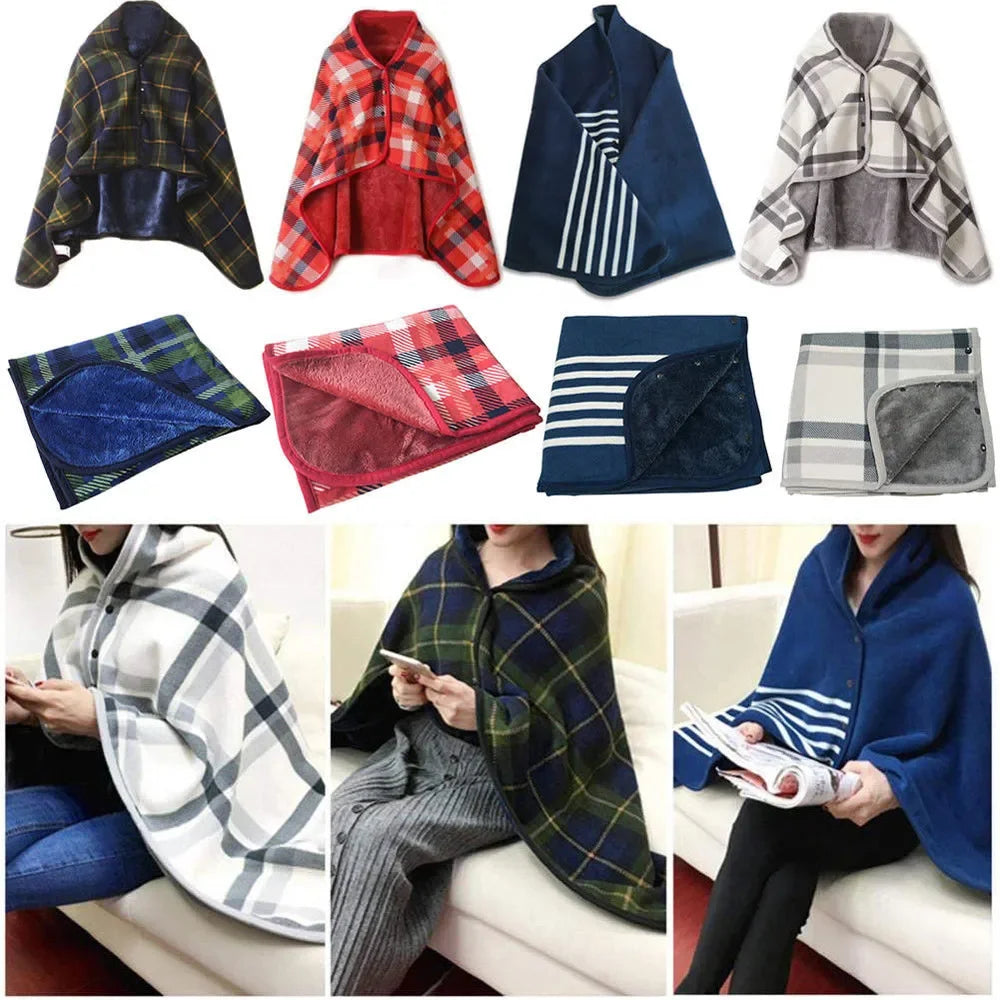 Portable Fleece Blanket Poncho & Scarf Set | Soft, Warm, Stylish Checkered Design