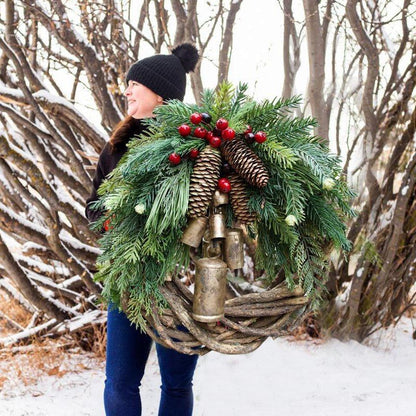 Handcrafted Bohemian Door Wreath with Bells and Pinecones for Winter