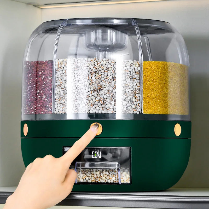 Revolving Grain Storage Dispenser with Clear View Design